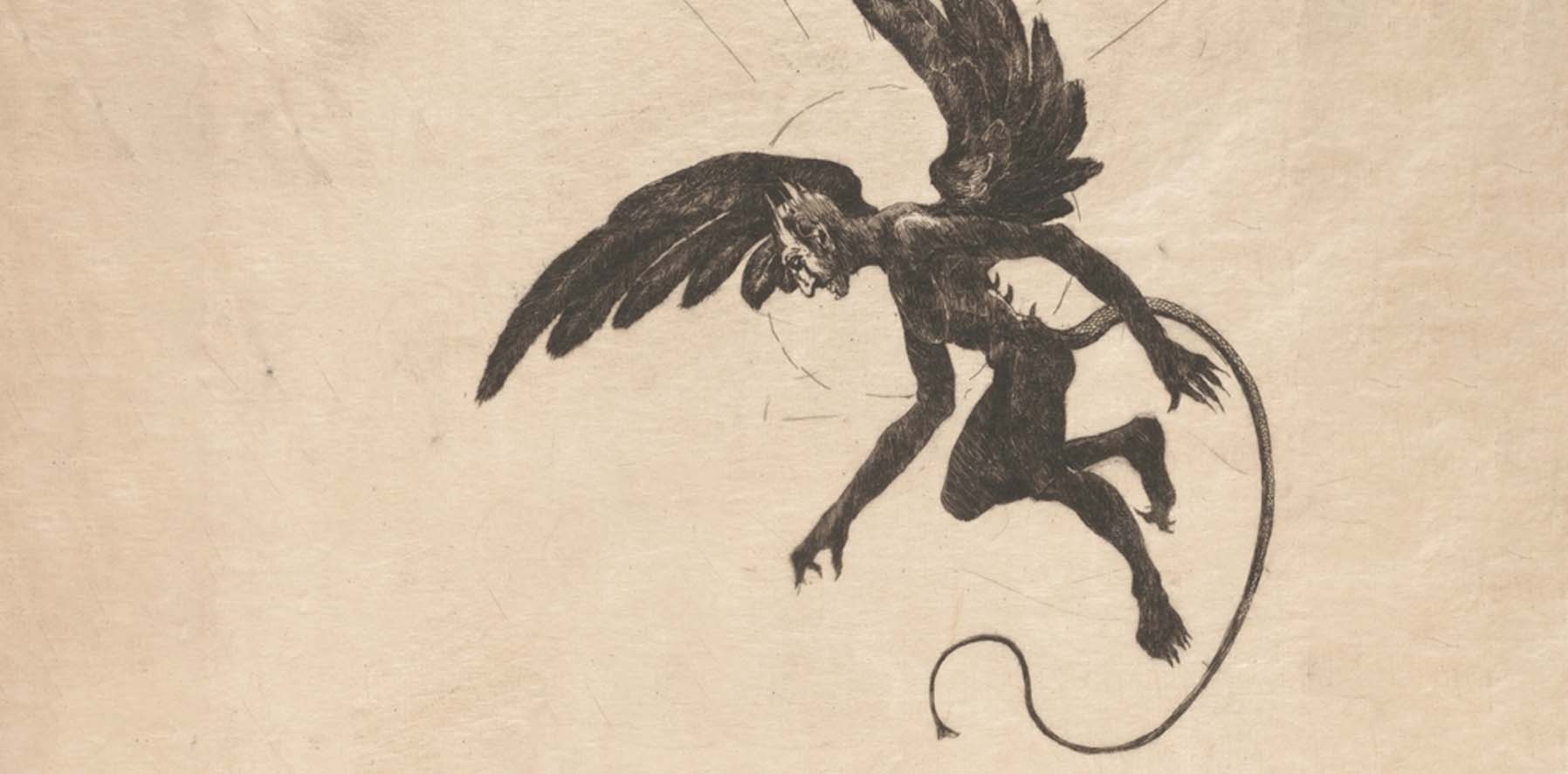 Pentekening van een zwarte duivel vliegend in de lucht