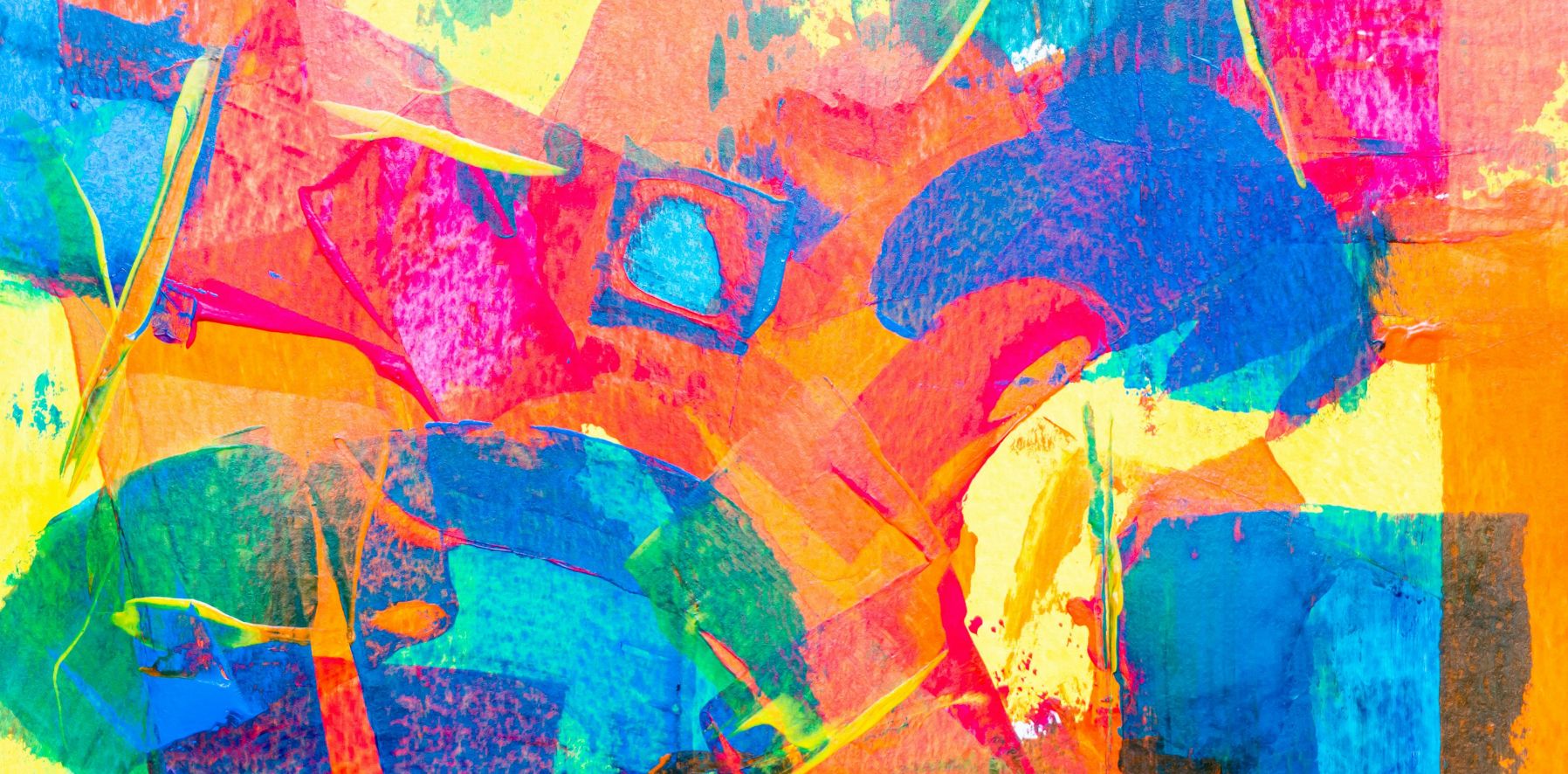 Schilderij met abstracte vlakken in verschillende felle kleuren.